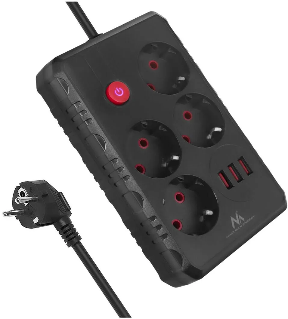 MACLEAN power strip, 4-socket extension cable + 3xUSB, 110-240V AC 50/60Hz, 2.1A max 2500W, 1.5m, black, MCE392 B