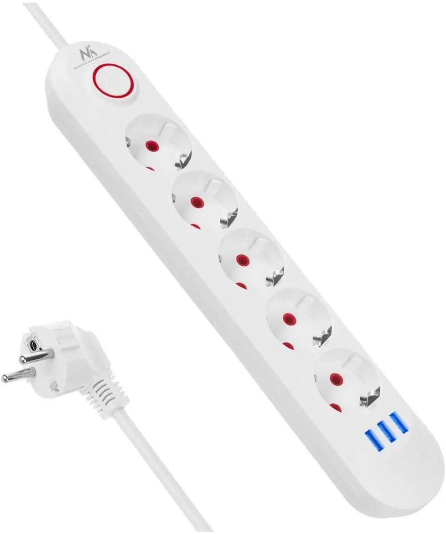 MACLEAN power strip, 5 socket extension + 3xUSB, 110-240V AC 50/60Hz, 2.1A max 2500W, 1.5m, white, MCE395 W