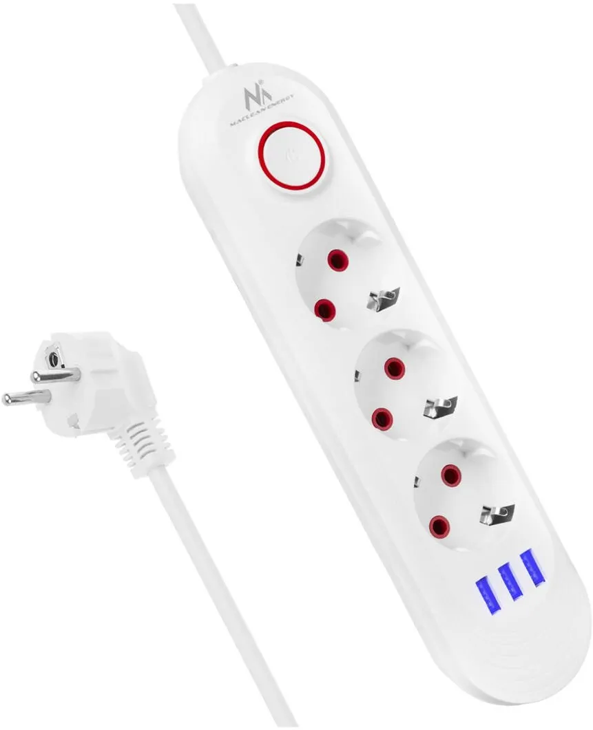 MACLEAN power strip, 3 socket extension + 3xUSB, 110-240V AC 50/60Hz, 2.1A max 2500W, 1.5m, white, MCE394 W