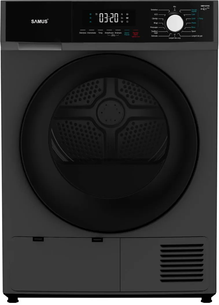 Samus Uscator de rufe SWDP-817DS 8 kg, Afisaj electronic, Tip procedura uscare pompa de caldura, 16 programe, clasa energetica E, Blocare acces copii, Pornire intarziata, Negru
