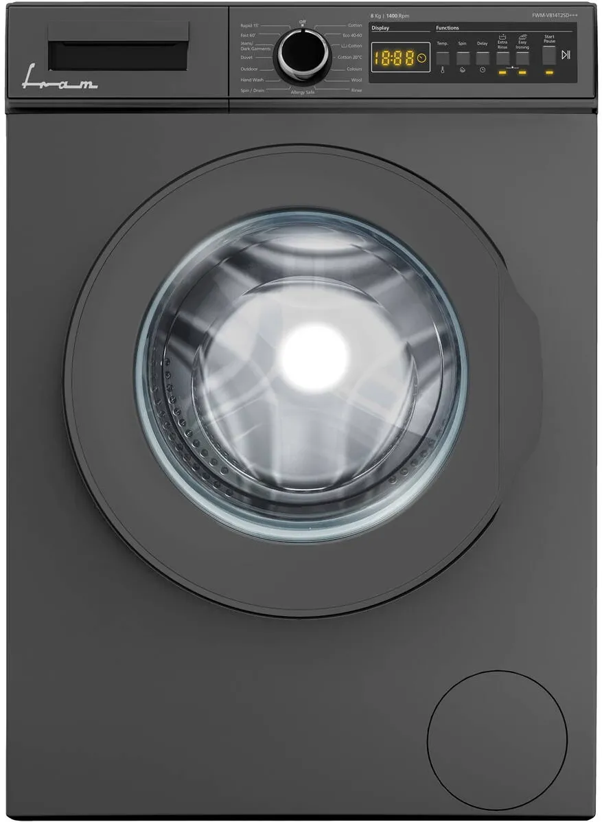Masina de spalat rufe Fram FWM-V814T2SD+++, 8 kg, 1400 rpm, Clasa D, Display digital, Start intarziat, Anti-Sifonare, Eco-Logic, Allergy safe, Gri