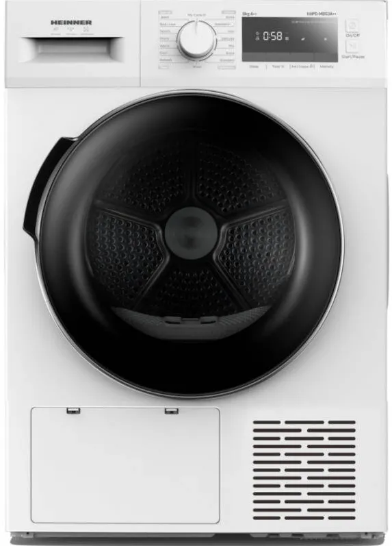 HEINNER Uscator de rufe HHPD-M8G3A++, pompa de caldura, 8 kg, 14 programe, clasa E, Display LED, Iluminare cuva, Blocare acces copii, Alb