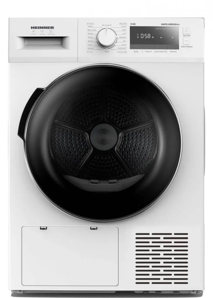 HEINNER Uscator de rufe HHPD-M9G3A++, pompa de caldura, 9 kg, 14 programe, clasa D, Display LED, Lumina cuva, Indicator curatare filtru scame, Indicator rezervor colectare apa plin, Blocare acces copii, Alb