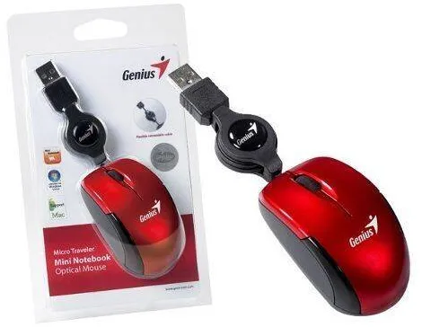 Mouse GENIUS USB optic, 1200dpi, 3 butoane, 1 rotita scroll, ruby, cablu retractabil