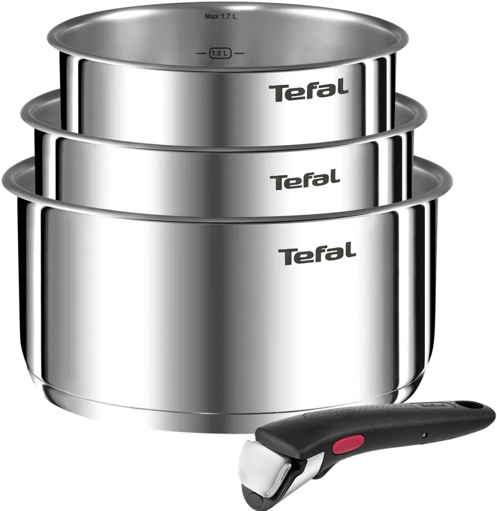 TEFAL Set 4 piese Ingenio Emotion, oala 16 / 18 / 20 cm, maner detasabil, interior gradat, inductie, argintiu