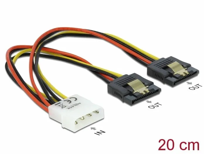 DELOCK Cablu de alimentare cu conector tata Molex cu 4 pini > 2 conectori SATA cu 15 pini, mama, metal, 20 cm