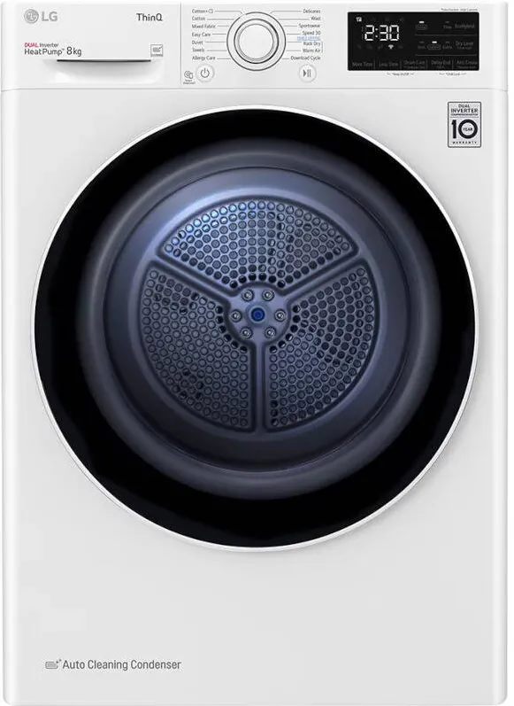 LG Uscator de rufe RH80V3AV6N, pompa de caldura, 8 kg, 14 programe, clasa D, Dual Inverter, Auto-curatare condensator, Eco Hybrid, Alb