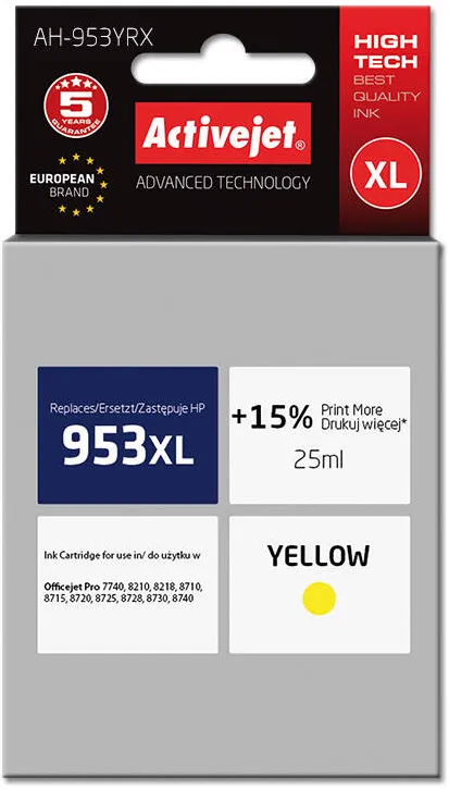 Cartus Imprimanta ACTIVEJET Compatibil AH-953YRX for HP printer; HP 953XL F6U18AE replacement; Premium; 25 ml; yellow