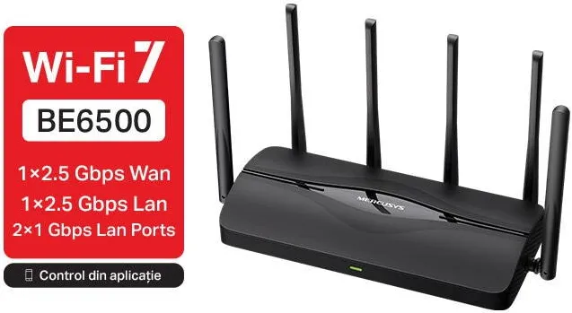 Router Wireless TP-Link Router Wireless Mercusys MR37BE, BE6500, Wi-Fi 7, MLO , 2 porturi 2.5Gbps , 2 porturi Gigabit , compatibil EasyMesh