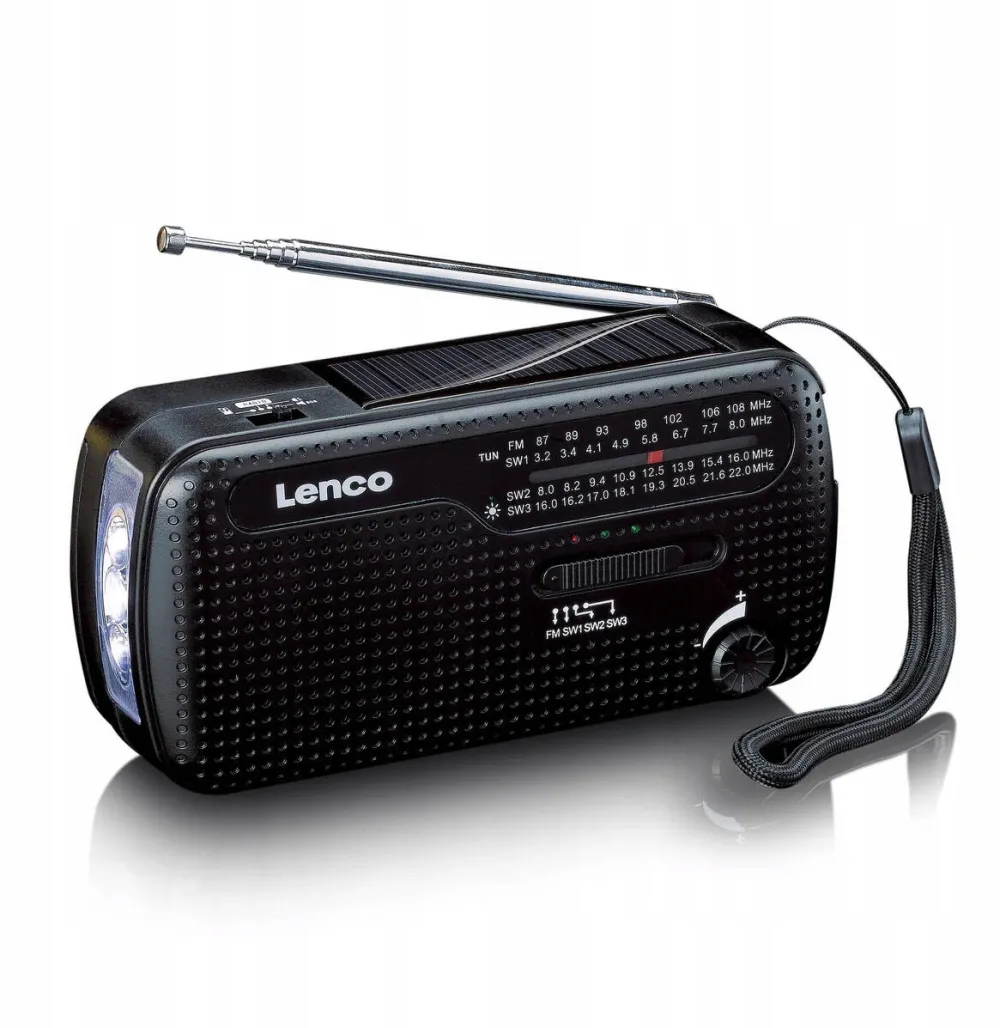 Lenco Radio portabil Lenco MCR-112BK, multifunctional, cu lanterna LED, power bank, alarma SOS, negru, compact