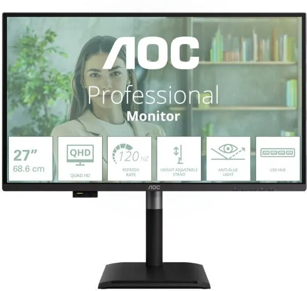 Monitor AOC Monitor IPS LED AOC 27" Q27P4U, QHD 2560 x 1440, HDMI, DisplayPort, Pivot, Boxe, 120 Hz, 4 ms Negru