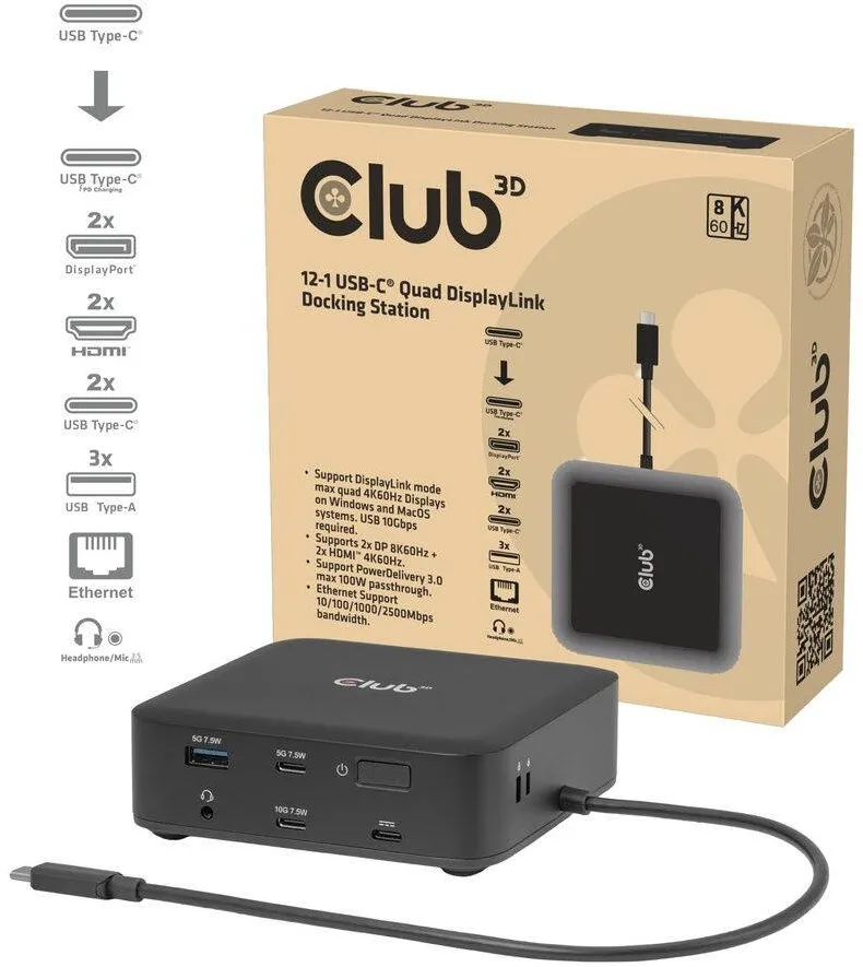Docking Station CLUB 3D Statie de andocare Club3D 12-1 USB-C, 2xHDMI, 2xDisplayport, 2xUSB-A, 3xUSB-C, RJ45, 3.5mm jack