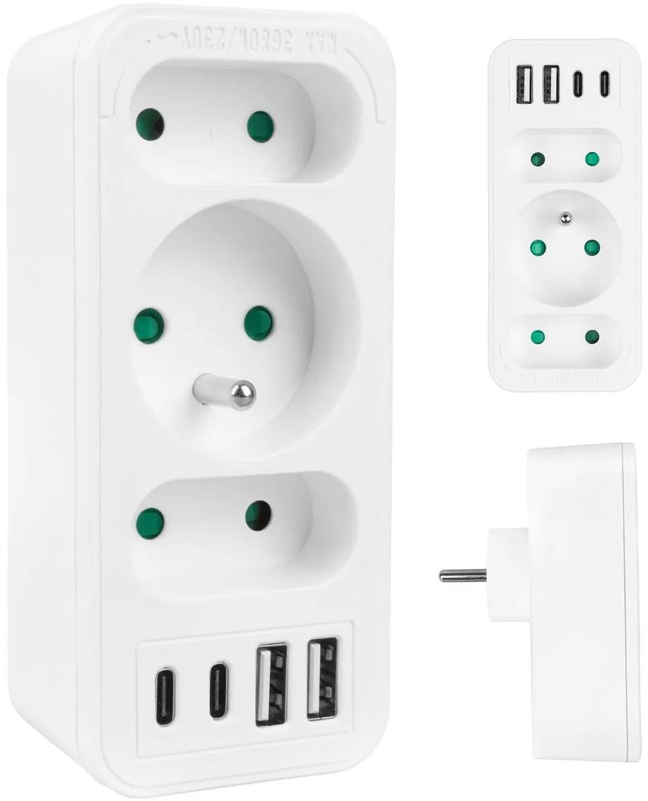 MACLEAN Splitter priza Maclean MCE248, 3x socluri (2x C + 1x E), 2x USB-A, 2x USB-C PD 20W, max 3680W, incarcare rapida, protectie copii, design compact, alb, 1 buc