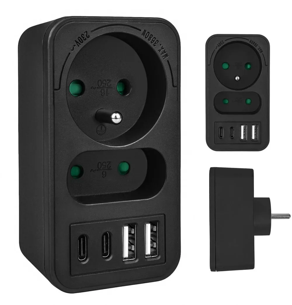 MACLEAN Splitter priza Maclean MCE249, 2x socluri (C+E), 2x USB-A, 2x USB-C PD 20W, max 3680W, incarcare rapida, protectie copii, design compact, negru, 1 buc