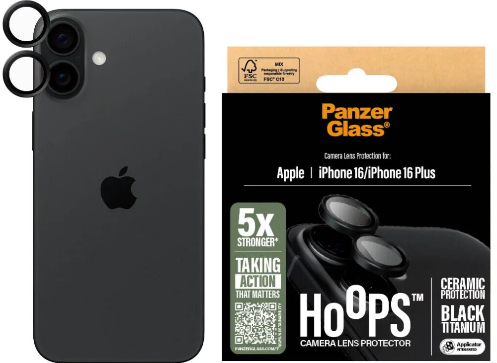 PanzerGlass Folie sticla ceramica camera foto PanzerGlass Hoops compatibila cu iPhone 16 / 16 Plus, Negru