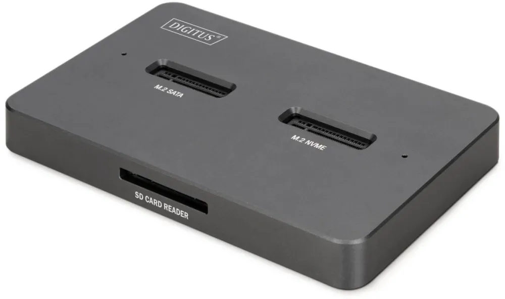 Docking Station Digitus Statie de andocare Digitus M.2 NVMe + M.2 SATA cu cititor de carduri SD Express USB-C, 2 sloturi, 10Gbs, negru