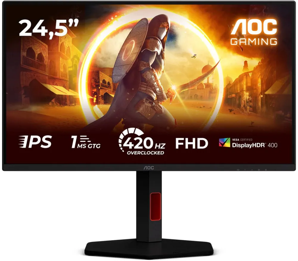 Monitor AOC Monitor Gaming AOC 25G4KUR, 24.5", Full HD (1920x1080), Fast IPS, WLED, 420Hz (OC, 400Hz native), 0.3ms MPRT, 1ms GtG, Adaptive Sync, NVIDIA G-SYNC Compatible, VESA Certified DisplayHDR™ 400, Flicker Free, HDMI, DisplayPort, USB, Pivot