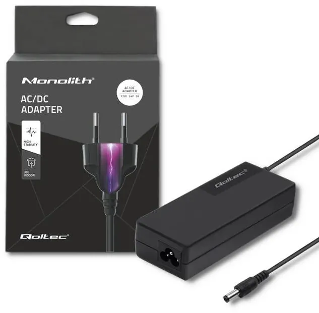 Accesoriu Laptop QOLTEC Adaptor de alimentare pentru desktop, Qoltec, 72W, 24V, 3A, 5.5*2.5, cablu de alimentare, Tensiune de intrare: 220 - 240 V, 50 - 60 Hz, Protectie: Protectie la supratensiune, Protectie la scurtcircuit, Lungime cablu: 1,48 m, 125 x