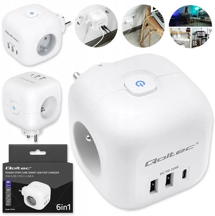 QOLTEC Priza De Alimentare, Qoltec, 52548, 3 Prize Ac, 2 Porturi Usb-A + 1 Port Usb-C Pd 20W, Comutator Iluminat, Carcasa Din Pp Ignifug, 80 x 80 x 80 mm, Alb