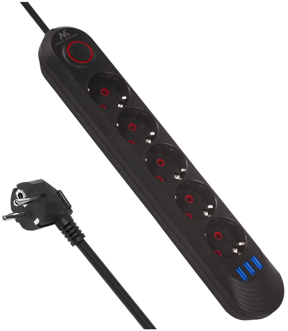MACLEAN Banda de alimentare Maclean, cablu prelungitor cu 5 prize + 3xUSB, 110-240V AC 50/60Hz, 2.1A max 2500W, 1.5m, negru, MCE395 B