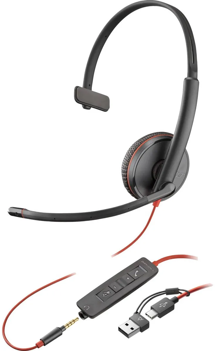 Casti Over-Head Poly Casti, Poly Blackwire 3215, monaurale, cu fir, USB-C + adaptor 3.5mm, negru