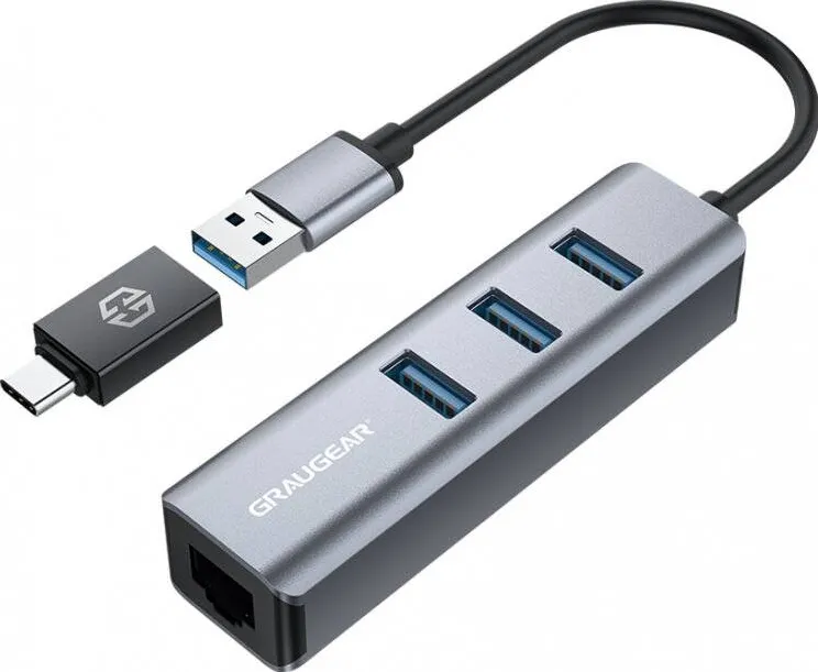 Hub USB GrauGear USB-HUB 3x USB 3.0 Ports Type-A+ Gbit LAN retail