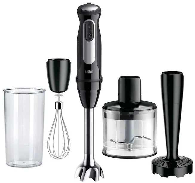 BRAUN Blender vertical Braun MQ55307M, 1000 W, 25 trepte viteza, Functie Turbo, Tocator 500 ml, Accesoriu piure, Pahar gradat 600 ml, Tel, Negru/Inox