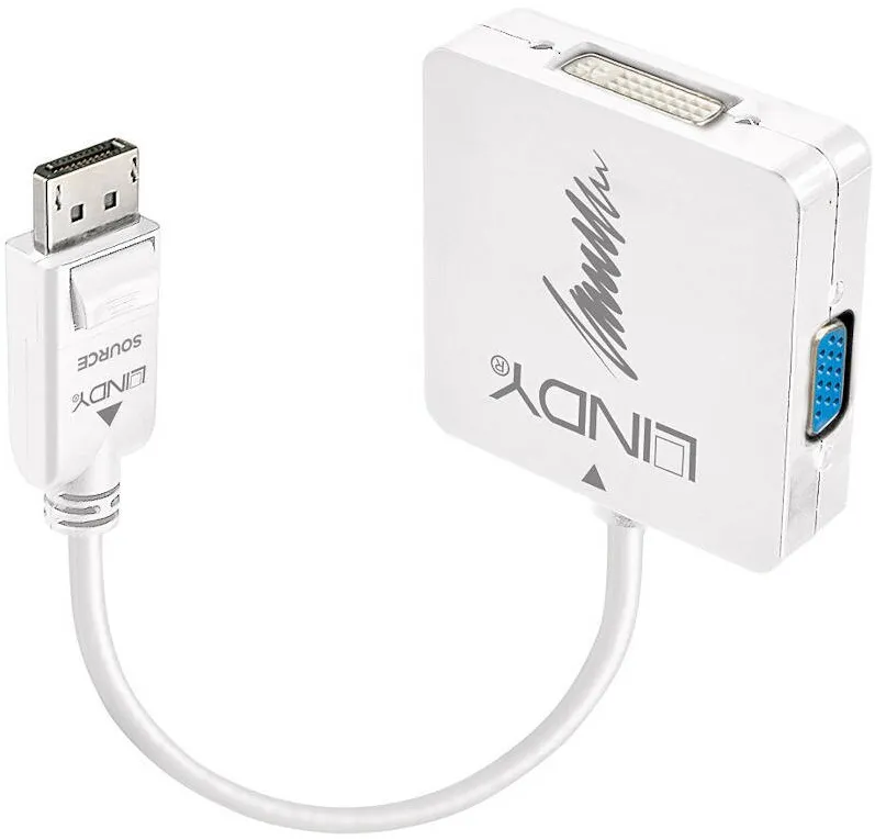 Adaptor Lindy 1x DisplayPort 1.2 Male - 1x HDMI 1.4 Female + 1x DVI-D Female + 1x VGA Female, alb