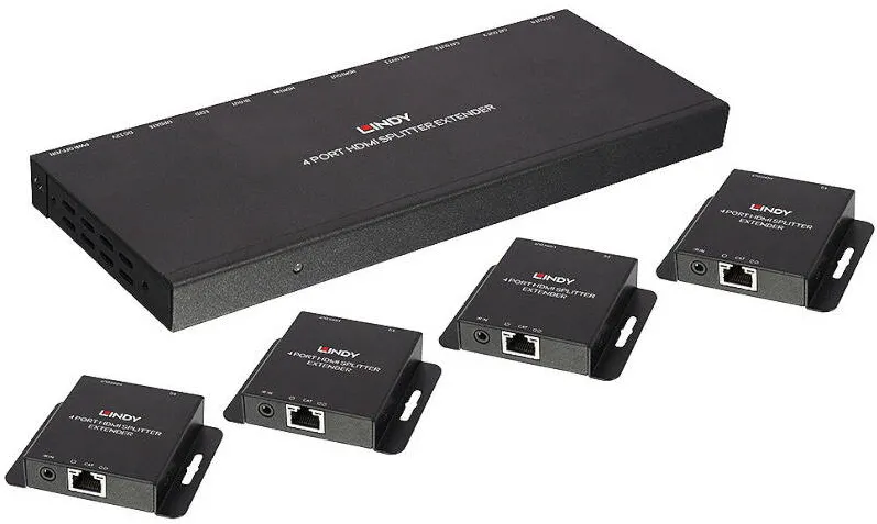 Adaptor Lindy Splitter Extender HDMI & IR, 1x HDMI Female - 4x RJ-45 Female - 4x HDMI Female, pana la 50 m