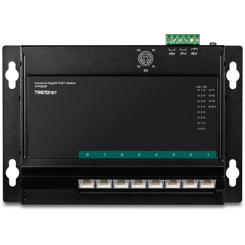 Switch TRENDnet 8-Port Industrial Gigabit PoE+ WallMount Front Acc.