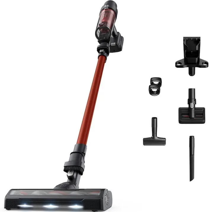 Aspirator ROWENTA vertical fara fir X-Pert 7.60 RH6A73WO, 140W, autonomie 45 minute, filtrare 99%, recipient praf 0.44 L, perie cu LED, statie de incarcare cu suport accesorii, rosu & negru