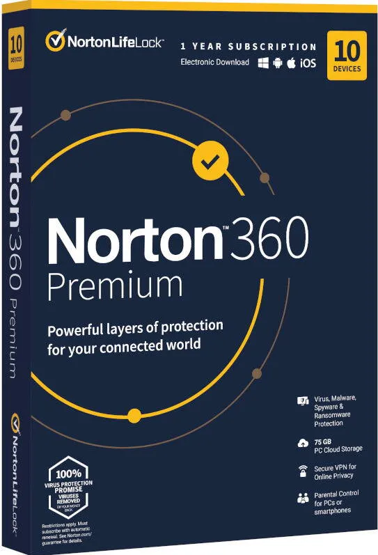 Software Securitate Norton Antivirus 360 Premium, Backup 75GB, 1 Utilizator, 10 Dispozitive, 1 An
