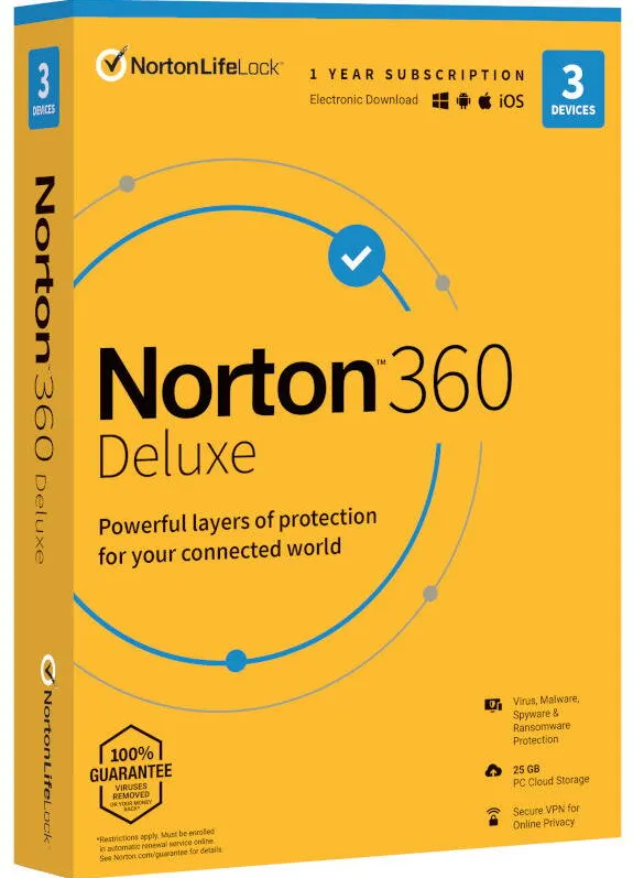 Software Securitate Norton Antivirus 360 Deluxe, Backup 25GB, 1 Utilizator, 3 Dispozitive, 1 An