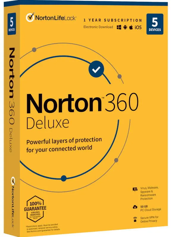 Software Securitate Norton Antivirus 360 Deluxe, Backup 50GB, 1 Utilizator, 5 Dispozitive, 1 An