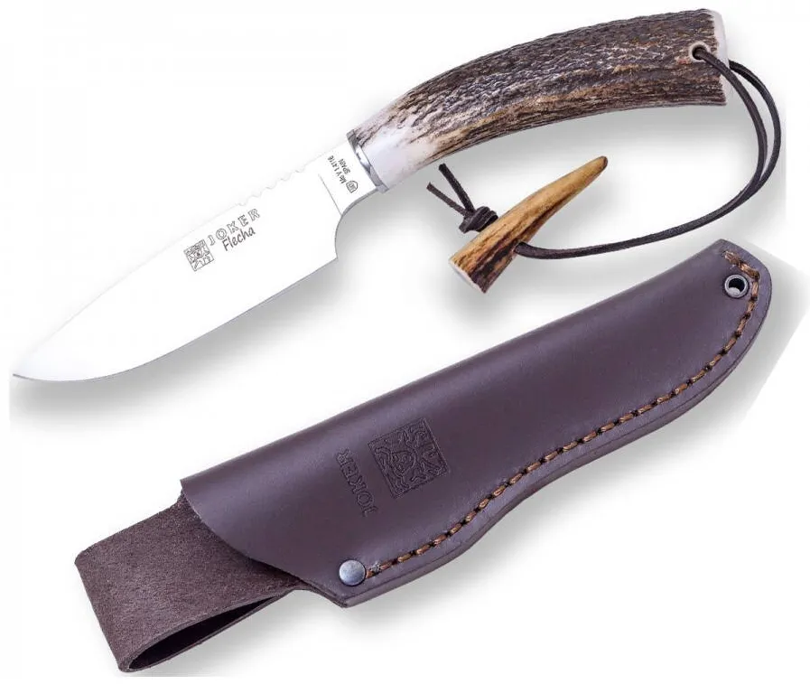 Joker Cutit Flecha cu teaca piele, lama 12.5 cm otel inox, maner corn cerb