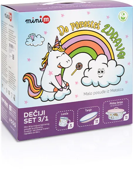 Metalac Set 3 piese 1.5l Unicorn Metalac email/Cana 8cm/Caserola capac14cm/Farfurie 18cm