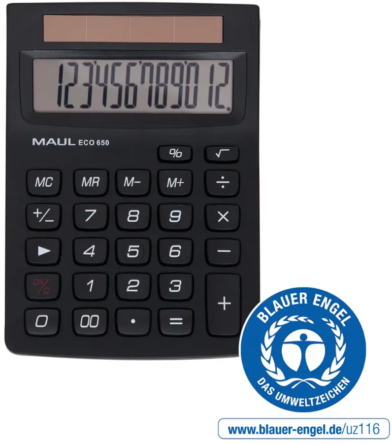 Maul Calculator de birou ECO650, 12 digits, realizat din plastic reciclat, incarcare solara - negru