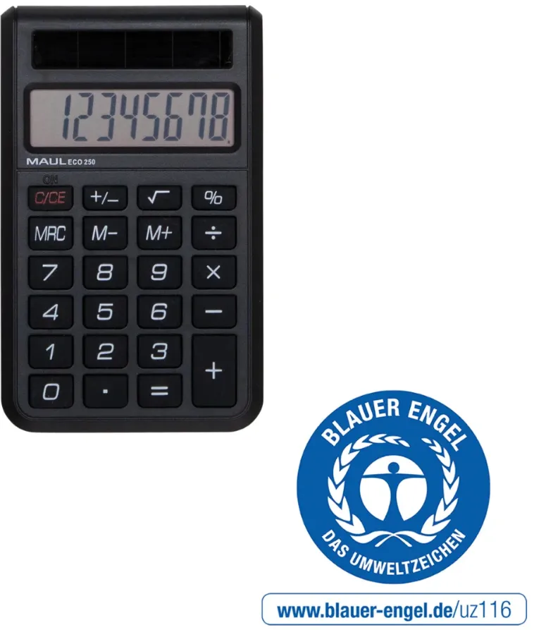Maul Calculator de buzunar ECO250, 8 digits, realizat din plastic reciclat, incarcare solara - negru
