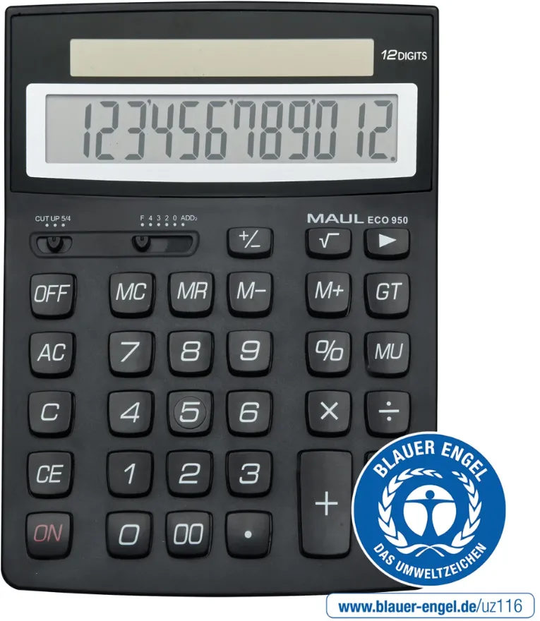 Maul Calculator de birou ECO950, 12 digits, realizat din plastic reciclat, incarcare solara- negru