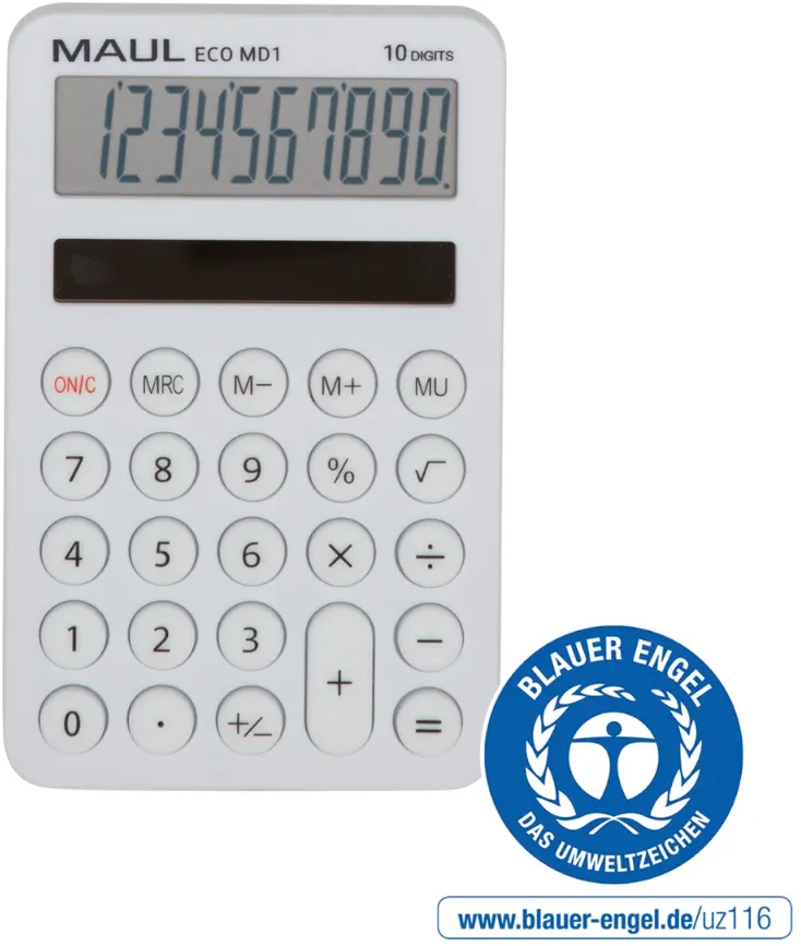 Maul Calculator de buzunar ECO MD1, 10 digits, realizat din plastic reciclat, incarcare solara- alb