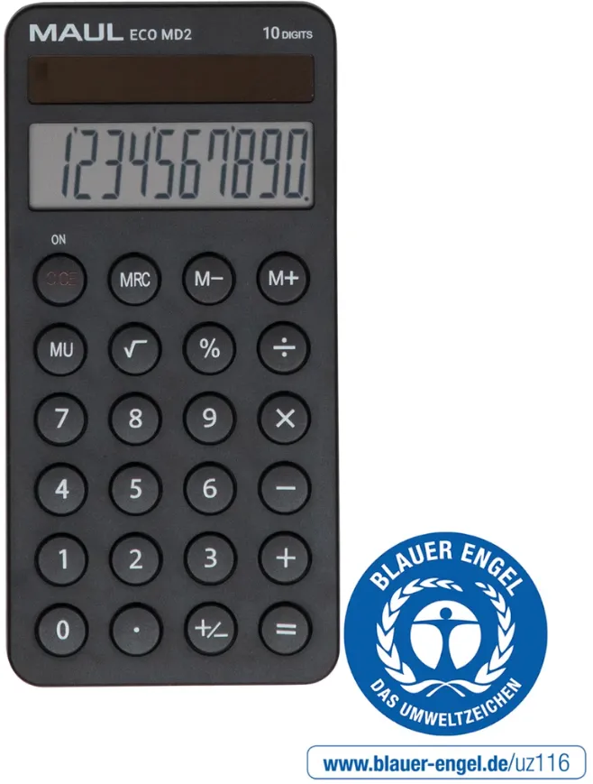 Maul Calculator de buzunar ECO MD2, 10 digits, realizat din plastic reciclat, incarcare solara-negru