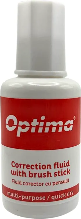 Lipici si corector Optima Fluid corector Optima, 20ml, cu pensula, pe baza de solvent (garantie 3 ani)