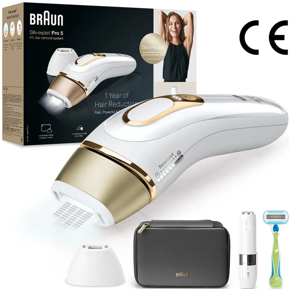 BRAUN Epilator IPL Silk-expert PRO 5 PL5146 Senzor automat & continuu Skin pro 2.0, 400.000 impulsuri, 10 niveluri de intensitate, 125 de impulsuri pe minut, Cap de precizie, Trusa de voiaj, Aparat de ras Venus, Alb