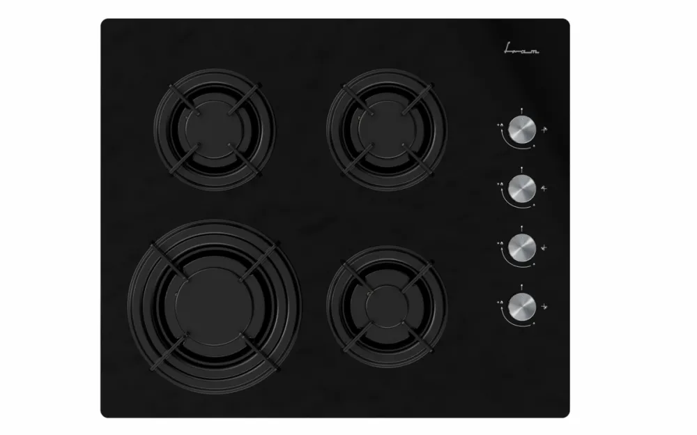 Plita FRAM incorporabila FBH-M4IRF-GBK, Gaz, 4 arzatoare, Gratar fonta, Aprindere electrica, Dispozitiv de siguranta, 60 cm, Sticla neagra