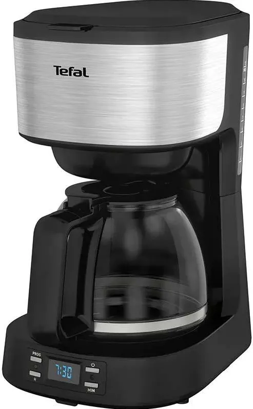 Cafetiera TEFAL Equinox CM520D10, capacitate 1.2L, timer digital, functie pastrare la cald, comutator ON/OFF iluminat, sistem antipicurare, suport detasabil filtru, negru/inox
