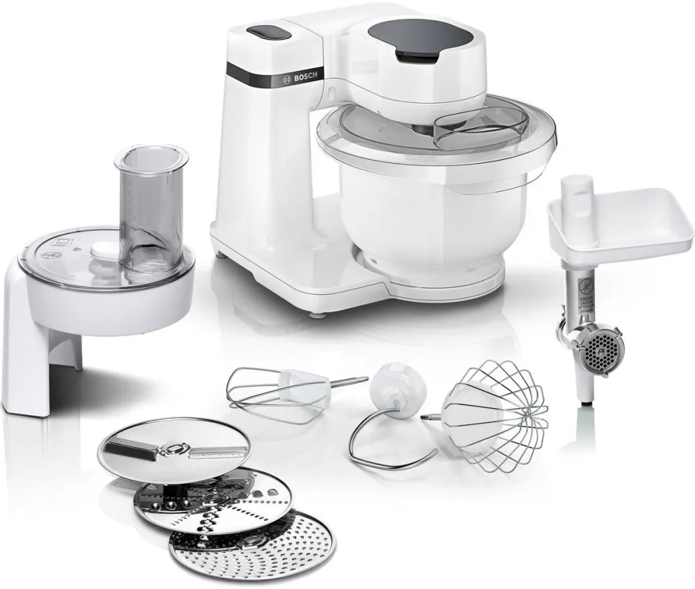 BOSCH Robot de bucatarie Bosch MUMS2AW21, 700 W, masina de tocat, feliator, accesorii razuire, 4 viteze, bol 3.8 l, Mixare planetara 3D, Alb