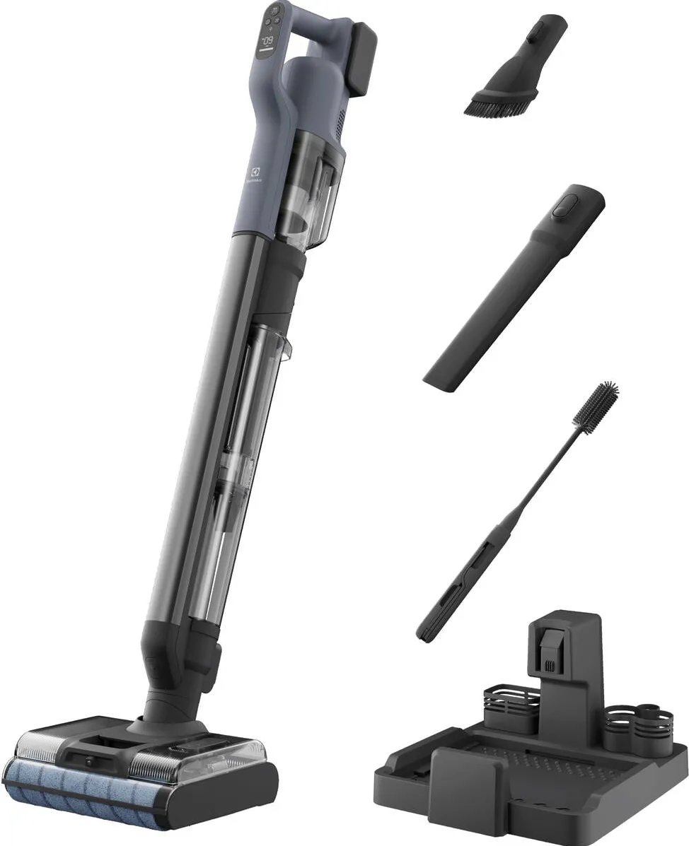 Aspirator ELECTROLUX Aspirator vertical cu spalare 800 Wet&Dry Electrolux EW82U1DB, stand de incarcare cu functie auto-curatare & uscare role la 70°C, motor BLDC, autonomie maxima 35 min, duze pentru spatii inguste, albastru denim/gri