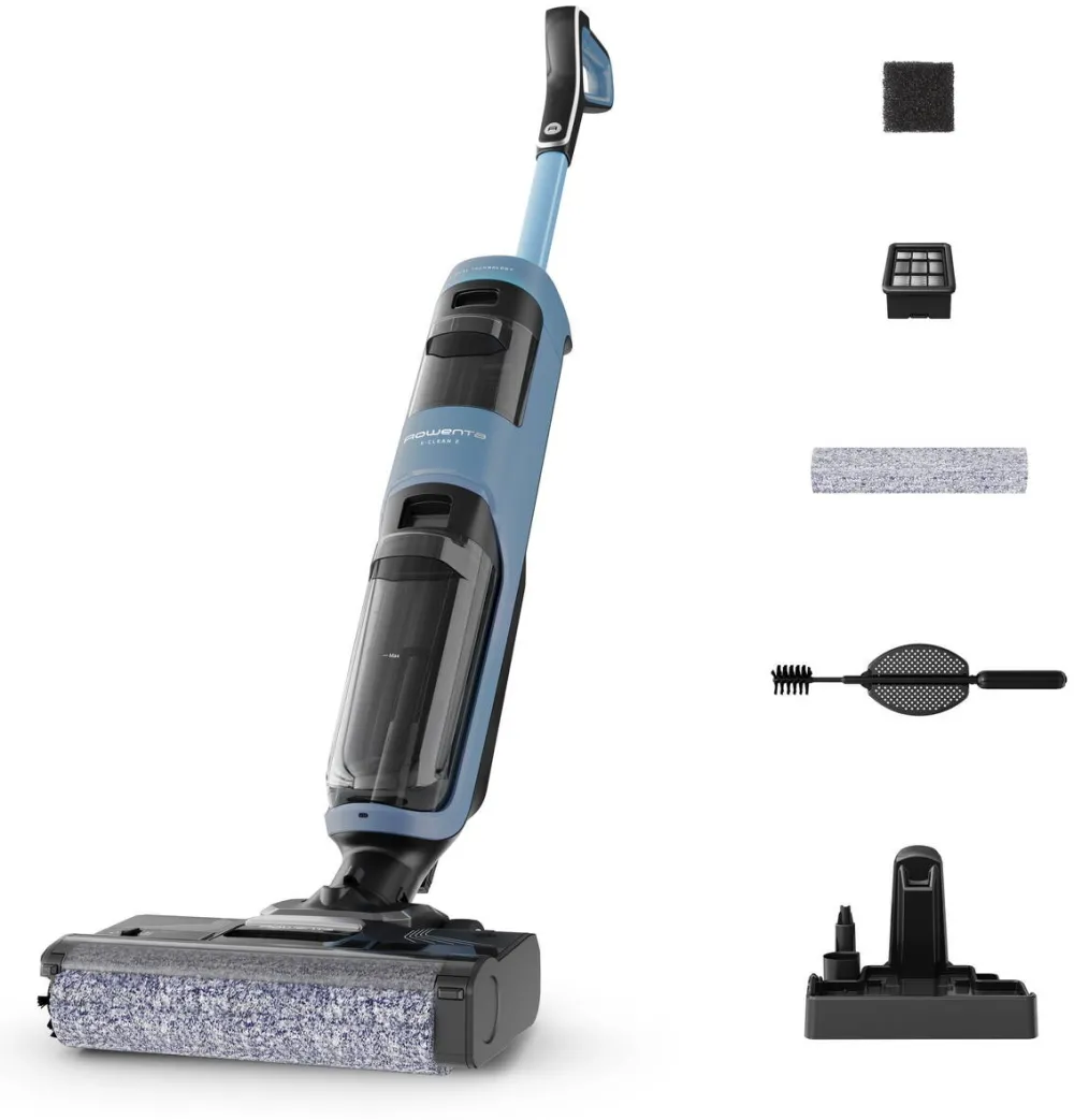 Aspirator ROWENTA Aspirator vertical fara fir cu spalare Rowenta X-Clean 2 GZ2271E0, 120W, 440 RPM, pana la 35 min autonomie, aspirare umeda si uscata, capacitate rezervor apa murdara 0.44L, functie autocuratare, panou de control, albastru & negru