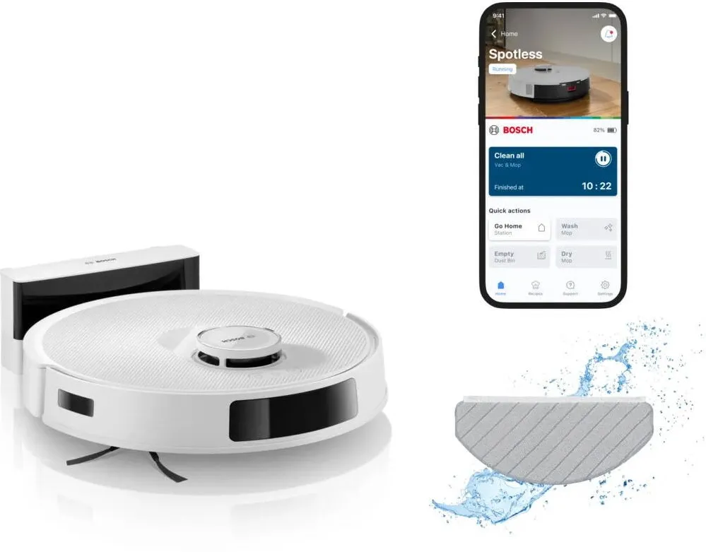 BOSCH Robot de aspirare Bosch BCRC2W, aspirare&spalare, Statie de incarcare, putere maxima 11000 PA, Navigare 360° LiDAR, Functie Reduced Tangling, recipient praf 0.4 L, Home Connect, Alb