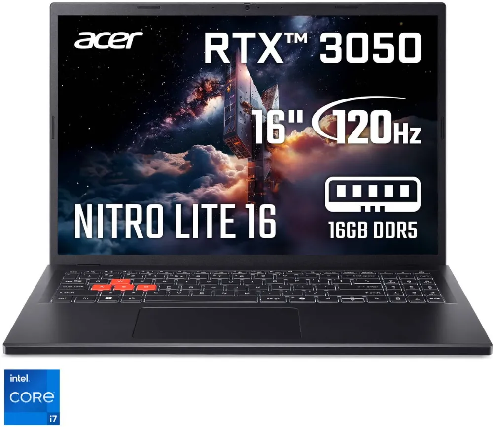 Laptop Acer Laptop Gaming Acer Nitro Lite 16 NL16-71G-751G cu procesor Intel® Core™ i7-13620H pana la 4.90 GHz, 16'', WUXGA, IPS, 165Hz, 16GB DDR5 RAM, 512GB SSD, NVIDIA® GeForce RTX™ 3050 6GB GDDR6, No OS, Shale Black